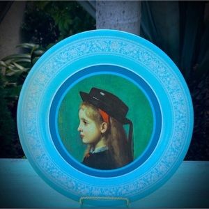 Antique Print Metal Display Plate Platter Fine Art Original Vintage Girl Child